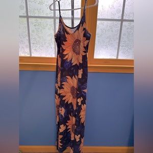 Woman’s large spaghetti strap, long, sunflower, print dress
